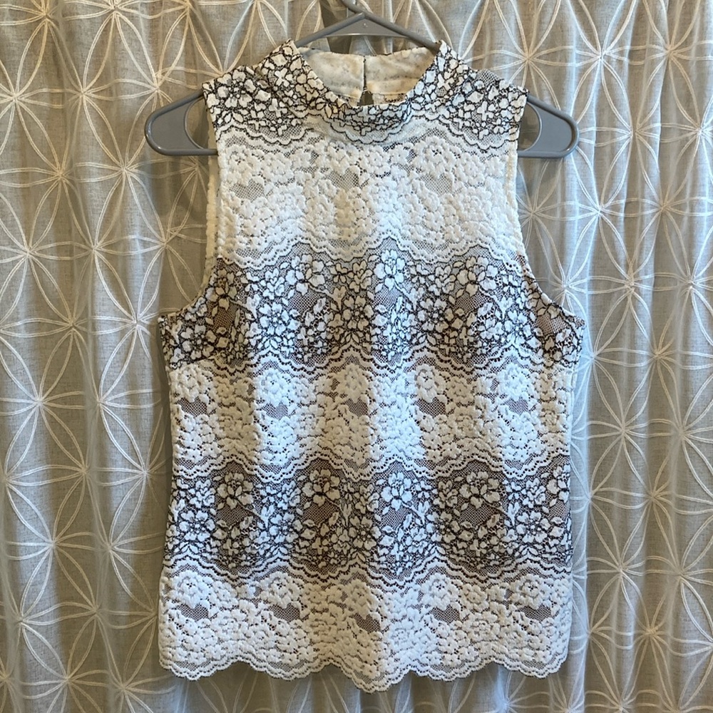 Sleeveless Lace Overlay High-Neck Top - White & Brown - Picture 1 of 13